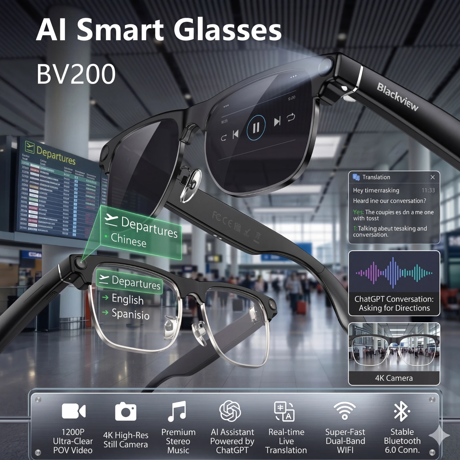 Blackview BV200 GPTスマートグラス 4KウルトラHDカメラ Bluetooth通話 GPT翻訳 音声アシスタント ステレオスピーカー 内蔵マイク