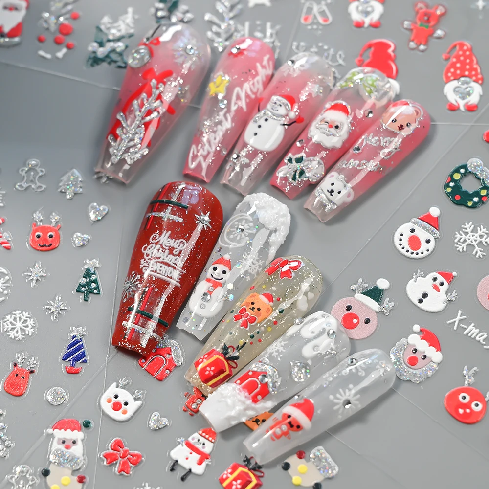 20 stks 5D Laser Zilver Glitter Kerst Nagelstickers Sneeuwpop Kerstman Pinguïns Elanden Nagelstickers Party Favor Vakantie Decorateur