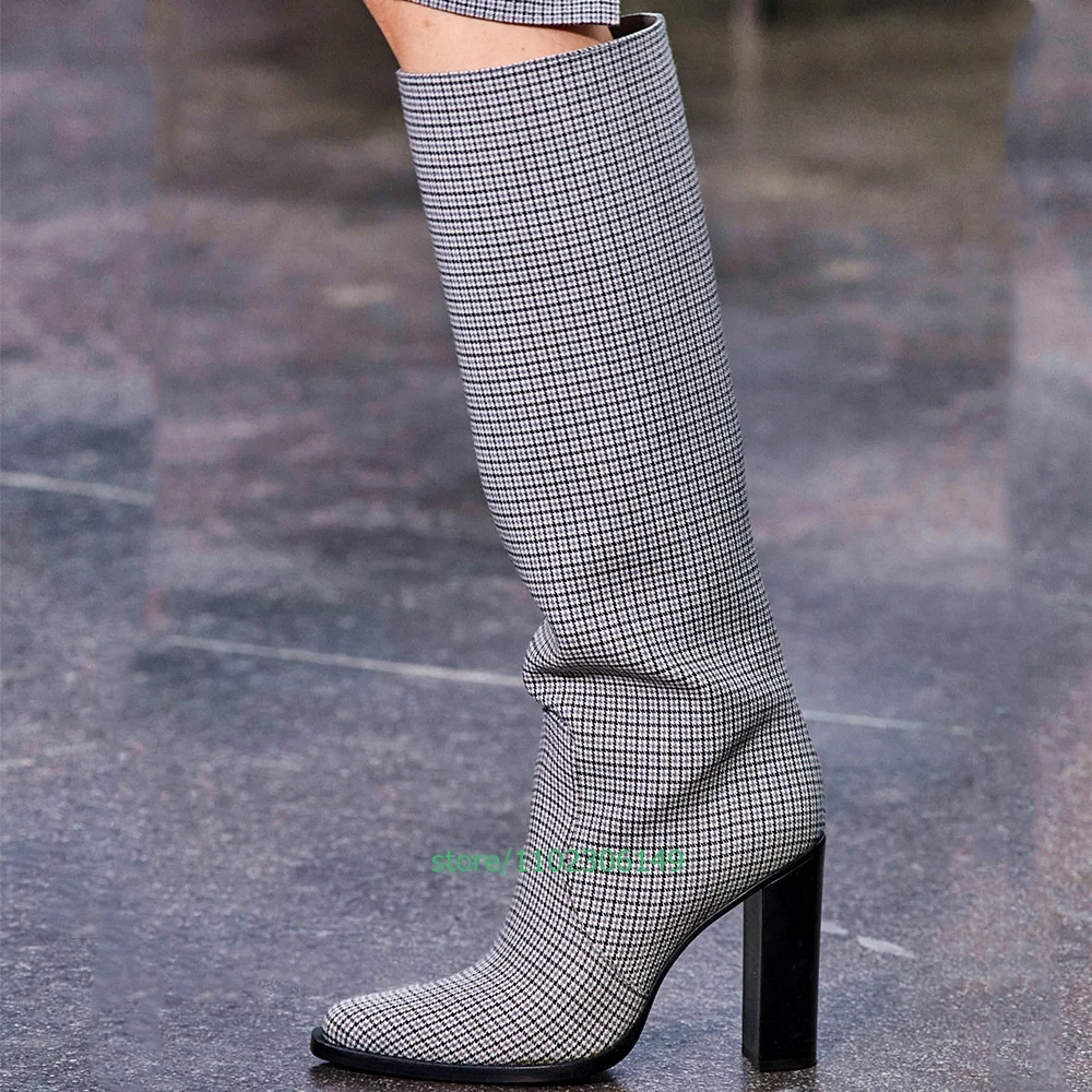 

Lady Vintage PU Knee Boots Sexy T SHOW Dress Pointed Toe Boots Size 43 Fall Winter Office Lady Shoes Chunky Heel Boots Footwear