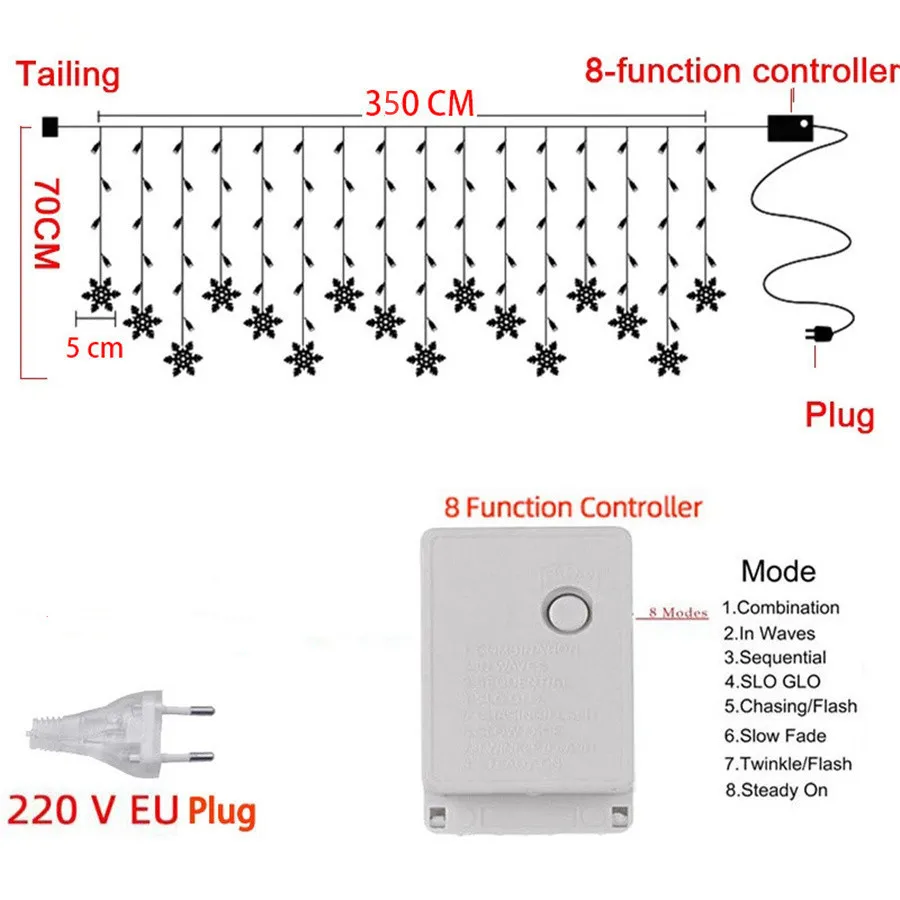 Guirnalda de luces LED con forma de copo de nieve, 8 modos, cortina navideña impermeable, luces de hadas para decoración de fiesta, guirnalda de boda, novedad de 2023