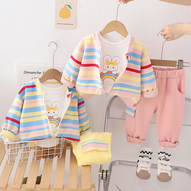 

Girls Spring and Autumn Cardigan Set New Baby Autumn Striped Three-piece Set 1-3 Years Old 5 Baby Clothes Fashion