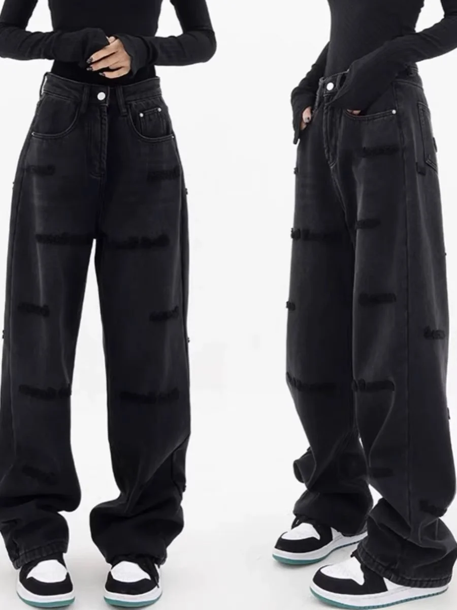 

Black Embroidered Design Women's Jeans High Waist Straight Leg Long Pants Floor-Length plus Size Slimming Spring Autumn New A...