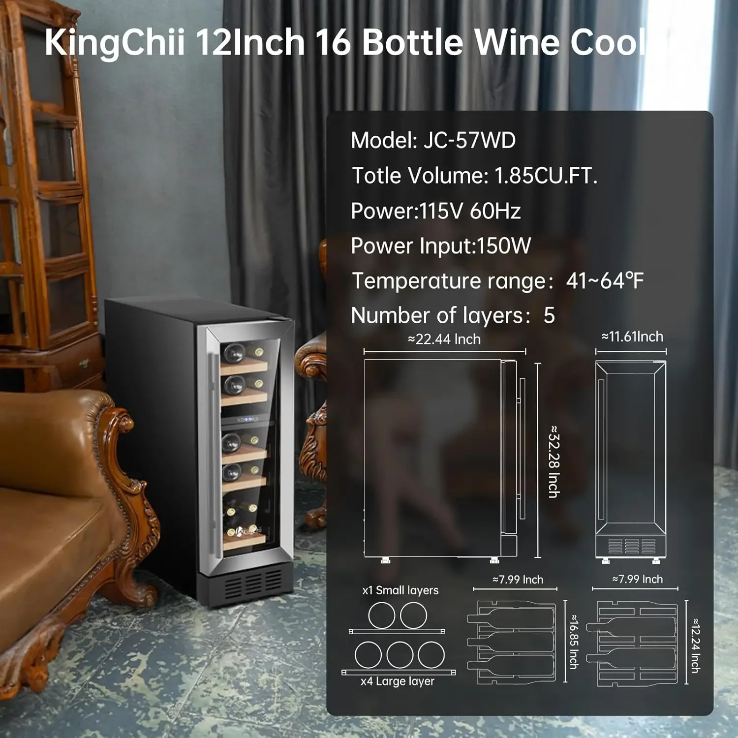 Refrigerador de vino de doble zona, compresor profesional, acero inoxidable y vidrio templado para vino tinto, 12 pulgadas, 16 botellas