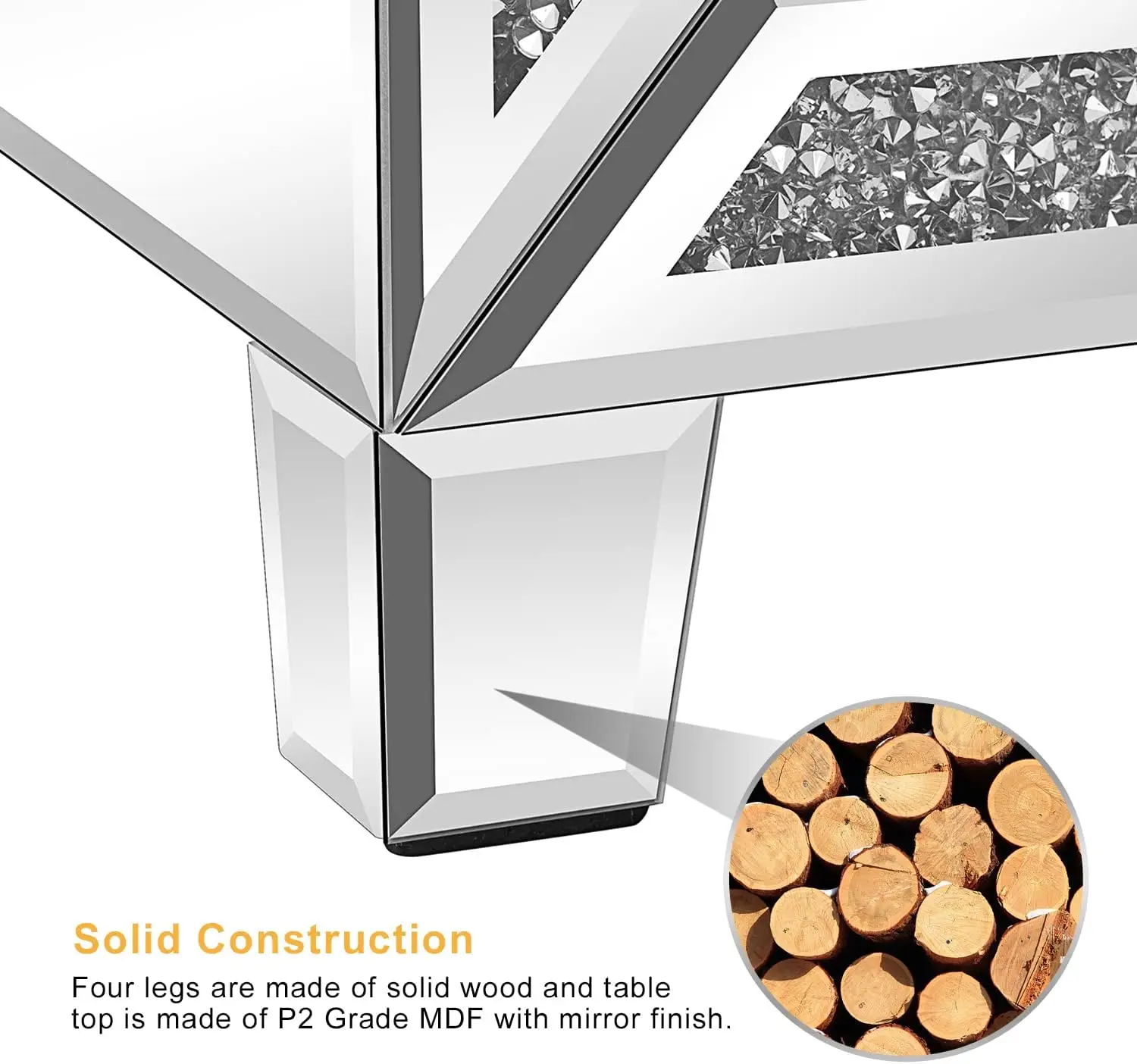 منضدة زجاجية بمرآة، طاولة بجانب السرير فضية مقاس 23 بوصة مع مساحة تخزين