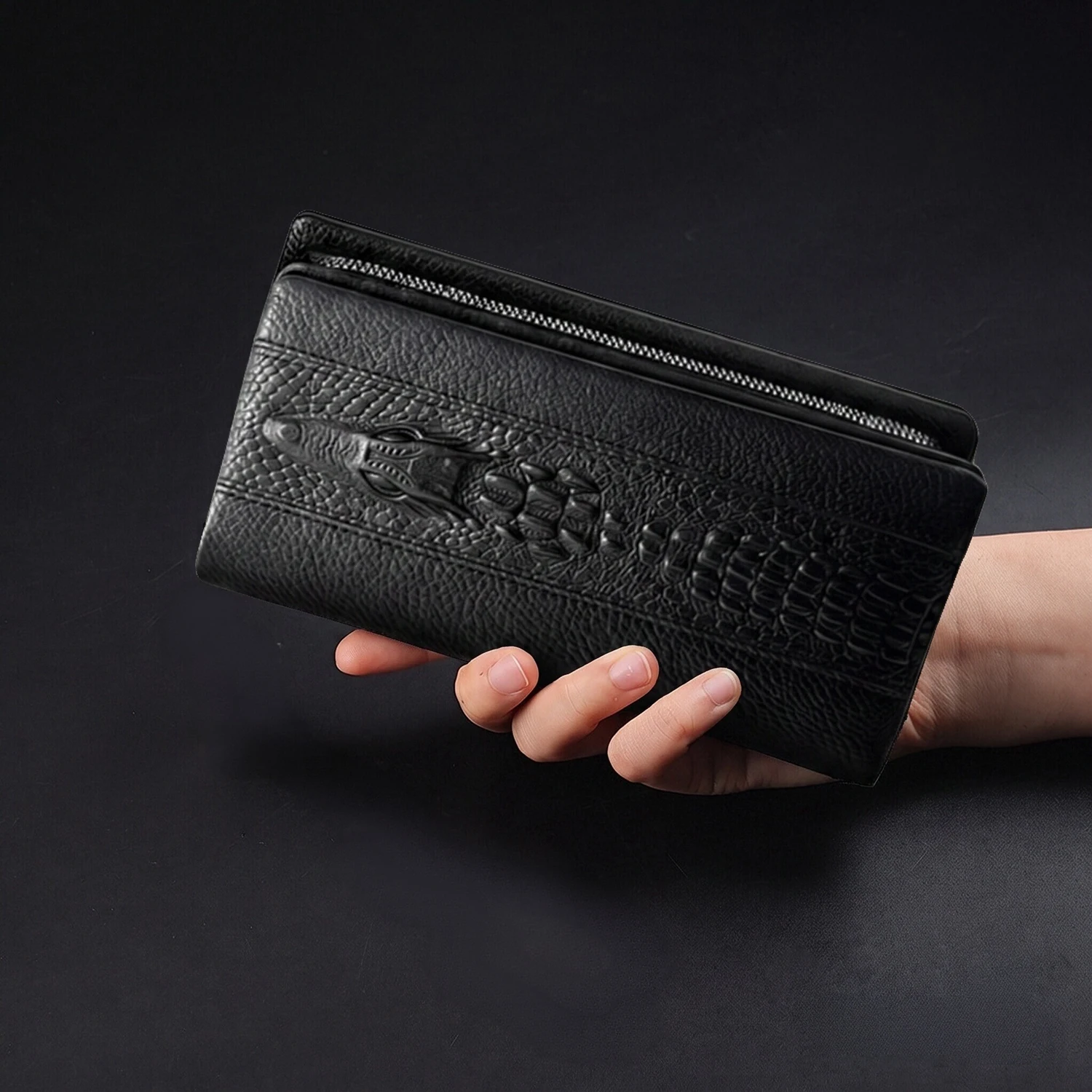 Men PU Leather Wrist Clutch Wallet, Crocodile Embossed Full‑Zipper Hand Purse with Wrist Strap, Multi Card Slots Business Pouch