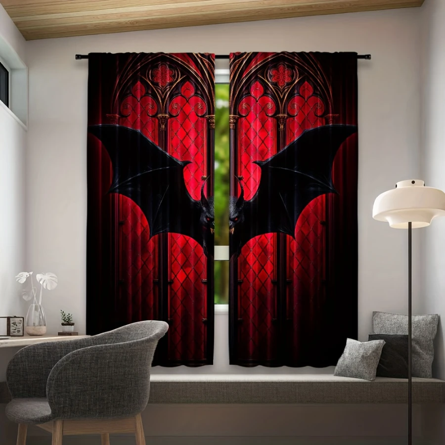 2PCS Digital Printed Curtains, Zombie Skull Cartoon Pattern, Horror Style Rod Pocket Drapes for Bedroom Living Room Decor