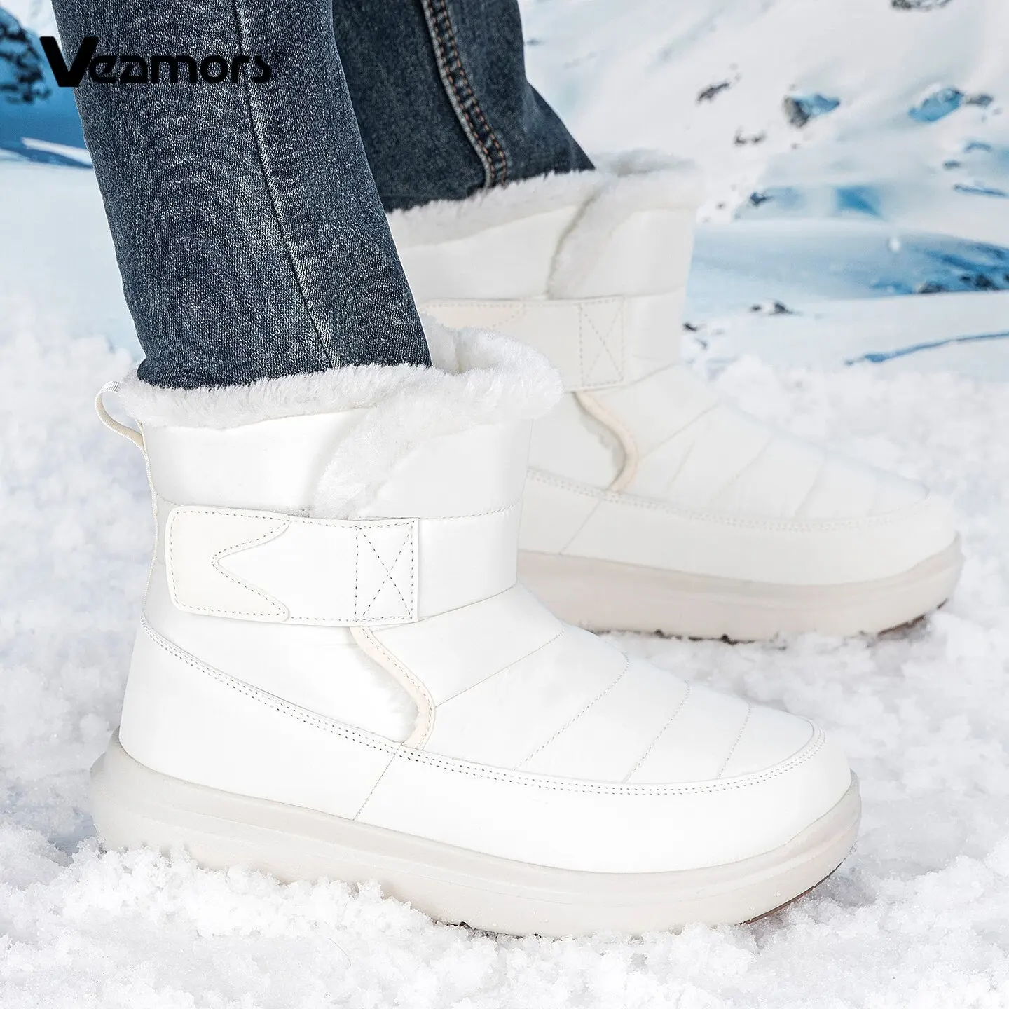 Unisex Plush Snow Boots Waterproof Hook Loop Thick Sole Ankle Boots Non Slip Winter Warm Outdoor Shoes for Camping Walking