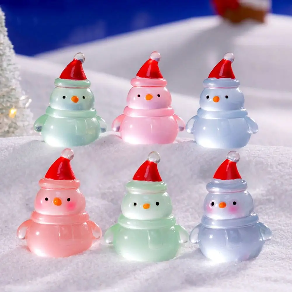 10pcs Cute Mini Luminous Snowman Figurines Glowing in Dark Cartoon Christmas Snowman Statue Resin Crafts