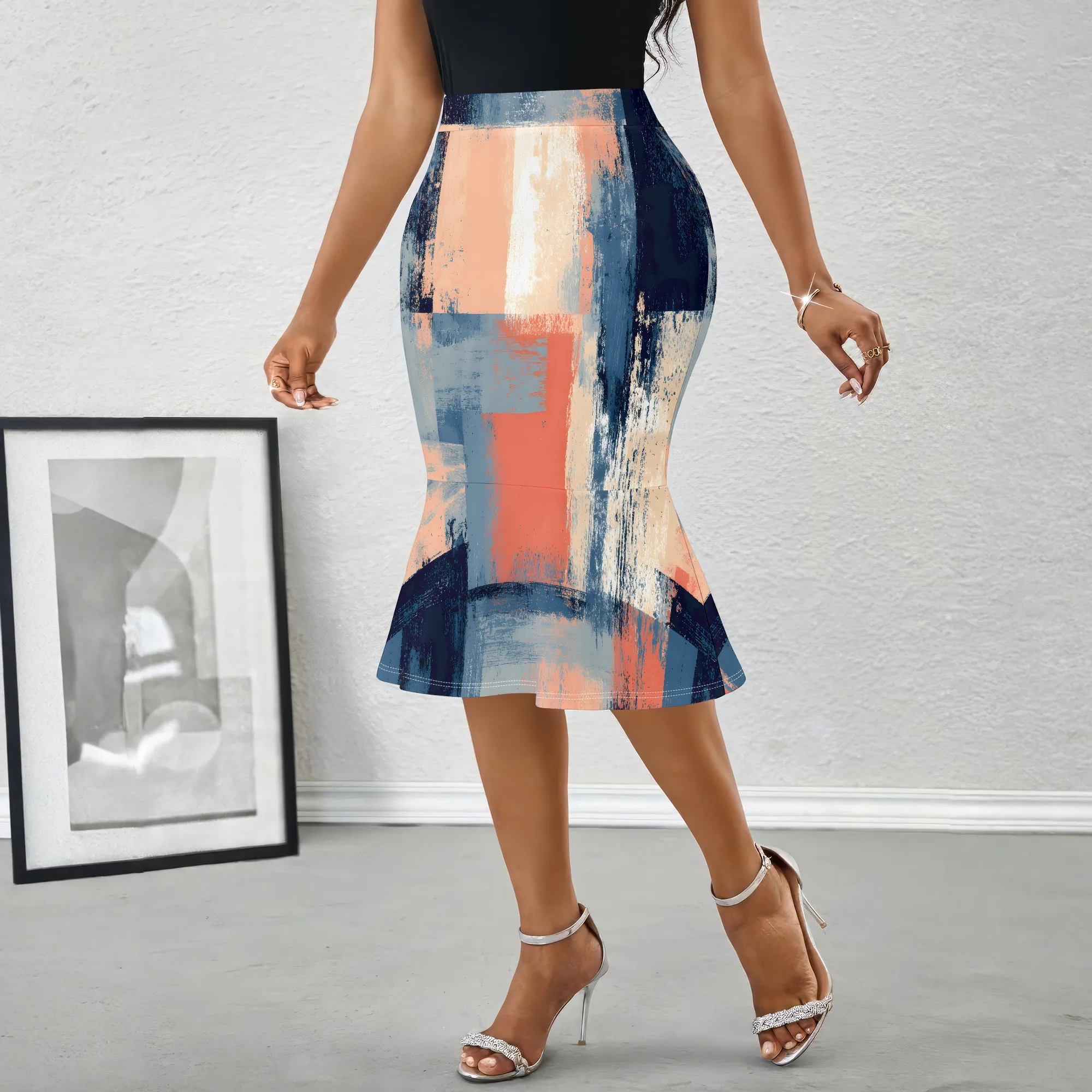 Abstract Print Midi Skirt, Brushstroke Art Pencil Skirt, Geometric Pattern Flare Hem Skirt for Women Office Party Wear S-2XL