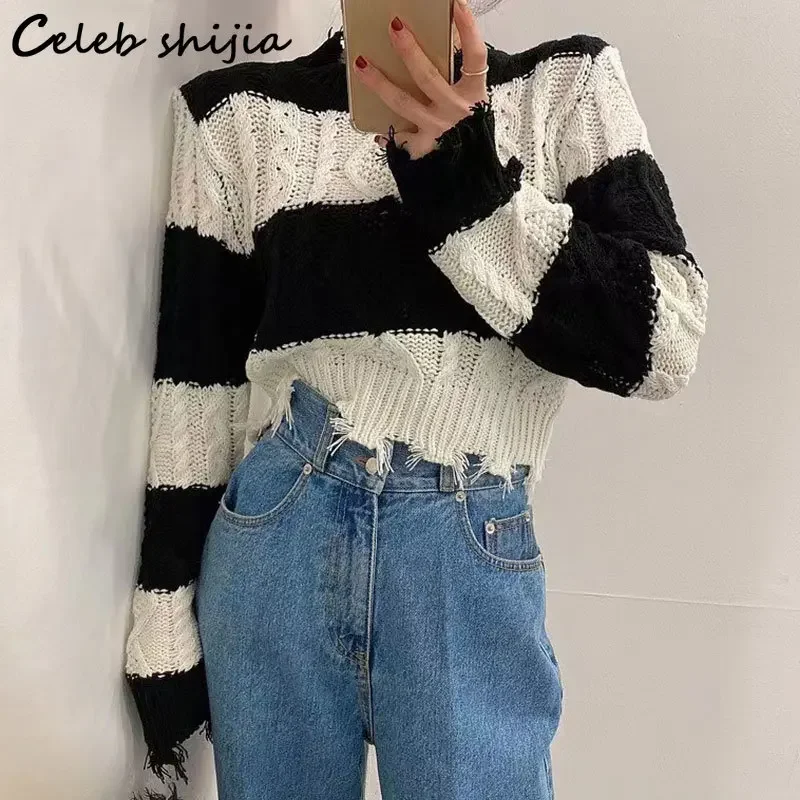 Vintage Tassel Sweater Women Autumn Twist Chic Pullover Ladies Jumpers O-neck Korean Green Cropped Tops Knitted Winter