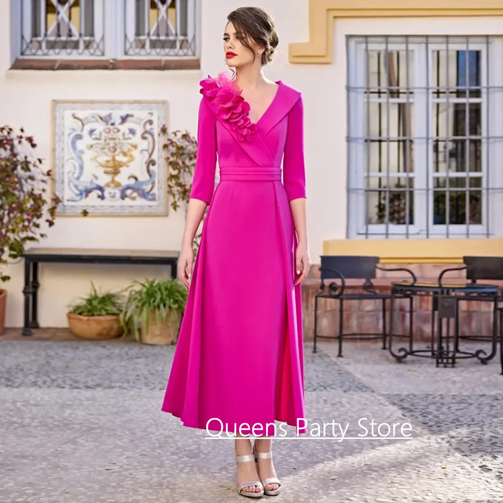 

Fuchsia Mother of The Bride Dress 3/4 Sleeves Customized V Neck Flowers Pleat Woman Wedding Party Gown Evening Dresses