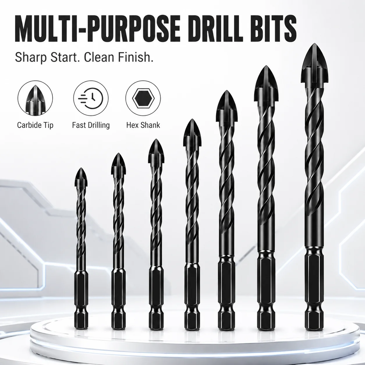 7Pcs Black Cross Tip Tile Drill Bit Set, 3-12mm Hex Shank Carbide Drill Bits for Tile Marble Brick Glass Metal Wood Drilling
