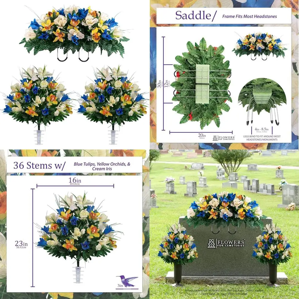 

Elegant Outdoor Cemetery Decorations: 2 Blue Tulips & White Iris Bouquets