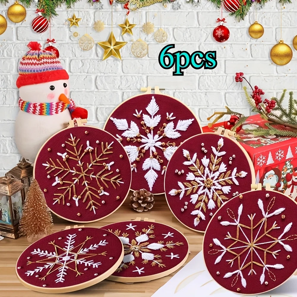 6-teiliges handbesticktes DIY-Set mit Weihnachts-Schneeflockenmuster-Serie, besonders geeignet für Weihnachtsdekoration und Raumdekoration