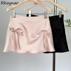 Solid Mini Skirts Women Summer Sweet Girls Bow High Waist Slim Leisure All-match A-line Korean Fashion Temperament Gentle Chic