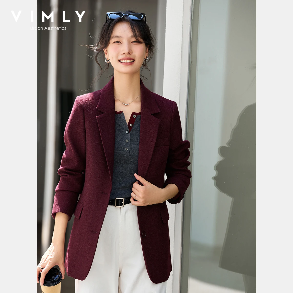 

VIMLY Elegant Women's Solid Blazers Jacket Coat Office Wear Autumn 2025 Notched Casual Straight Coats Long Sleeve Tops A2250