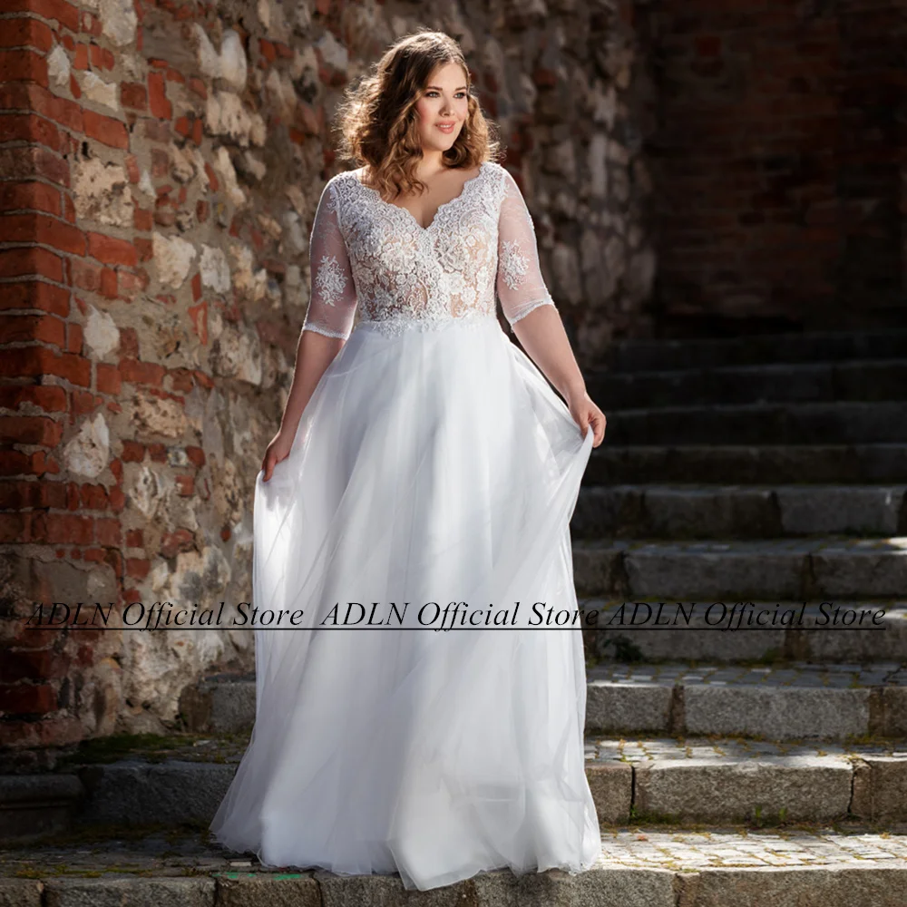 

Half Sleeves V Neck Wedding Dress Plus Size Vestido De Noiva Sheer Scoop Lace See Through Soft Tulle A Line Bridal Gowns