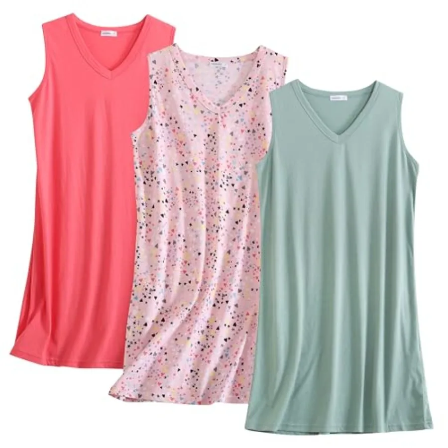 

PNAEONG 3 Pack Womens Cotton Nightgown V Neck Nightshirts Sleeveless Sleepwear Casual Print Sleepdress