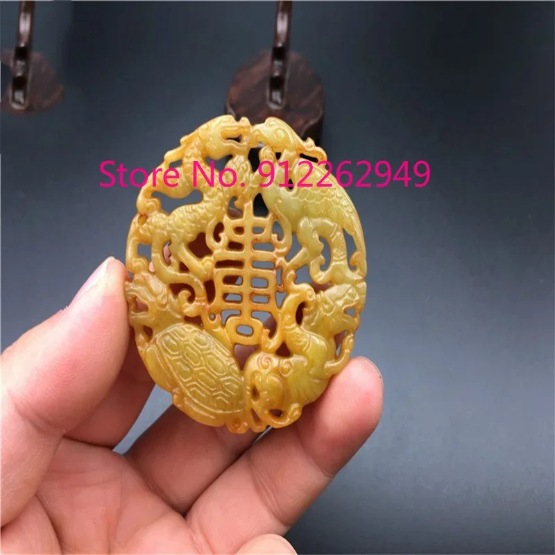 Hot Selling Natural Hand-carve Antique Four Spirits Mythical Beast Hollow Out Necklace Pendant FashionJewelry MenWomen LuckGifts