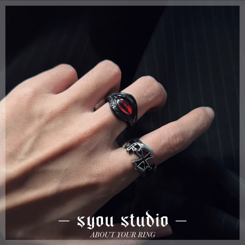 Dark Vintage Demon Red Eyes Couple 316L Stainless Steel Ring Gothic Punk Rock Niche Unique Men's Gift Women's Jewelry Wholesale