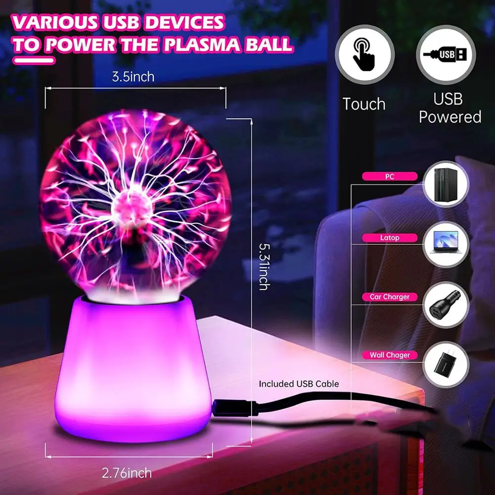 Plasma Ball Lamp Interactive Touch Lightning Globe 3.5 Inch Fun Lamp USB Powered 6Color Changing Lights Mood Lighting Party Prop