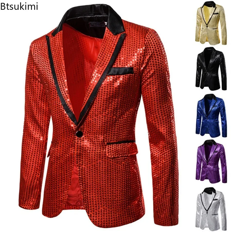 New2025 Men's Shiny Gold Sequins Glitter Tuxedo Blazer Jacket One Button Dress Suit Male Nightclub Stage Singer Blazer Masculino