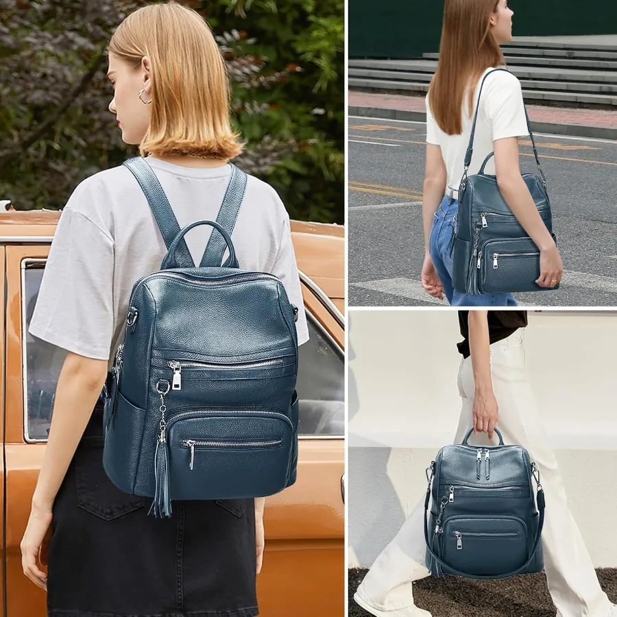 ALTOSY حقيبة ظهر من الجلد الطبيعي للنساء حقيبة كتف كبيرة مع حجرة كمبيوتر محمول جيوب متعددة S106 أزرق نيلي