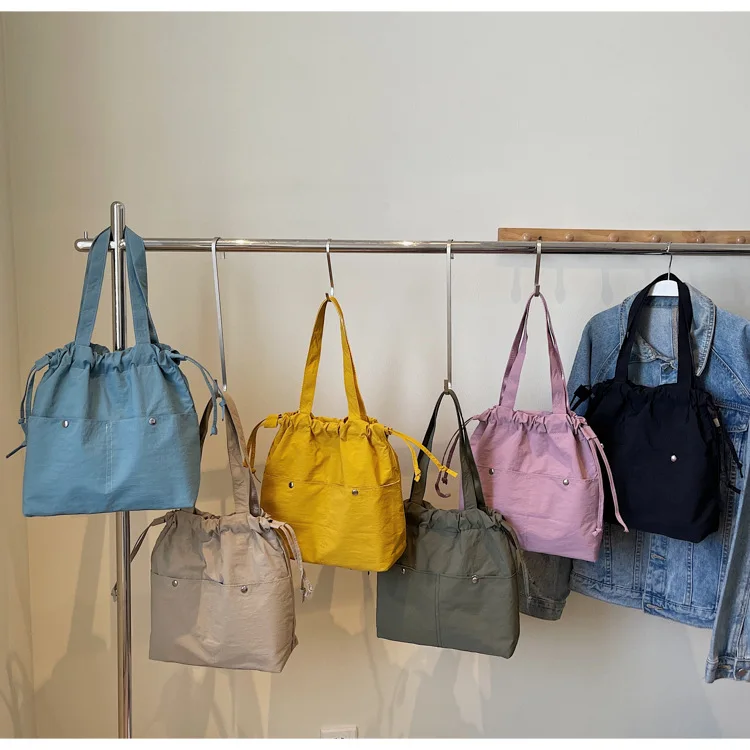 Custom Logo Drawstring Nylon Tote Bag, Women's Casual Shoulder Bag, Lightweight Water-Resistant Handbag for Daily/Work/School