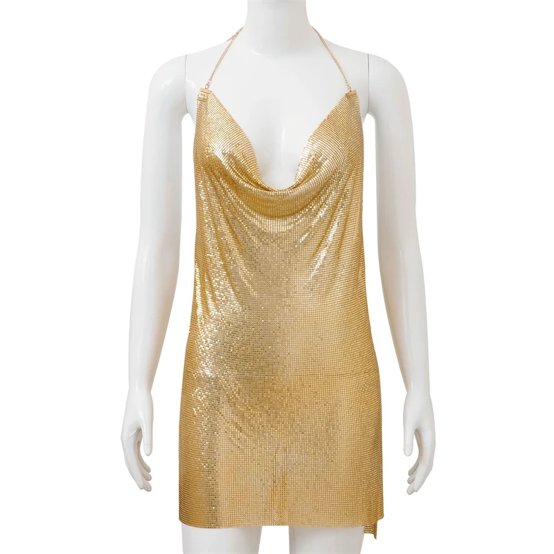 Sexy Silver Sequin Mini Dress For Women Accessories Sleeveless Metal Body  Chain Party Dress Women Backless Split Evening Vestido - AliExpress  200000345
