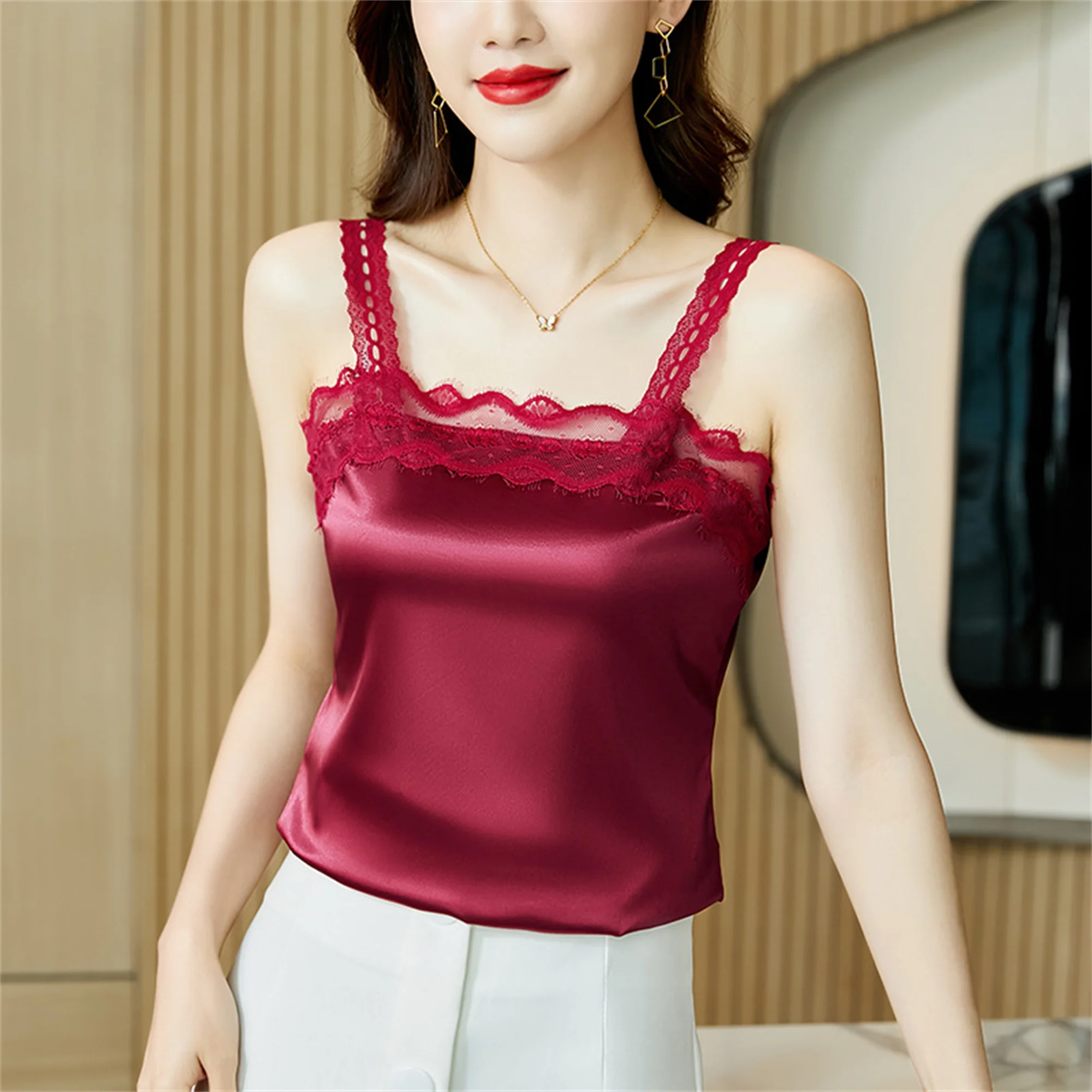 Silk Blouse Women Elegant Tank Top Vintage Womens Tops and Blouses Fashion Female Clothing Lace Sexy Corset Top Shirts B3383