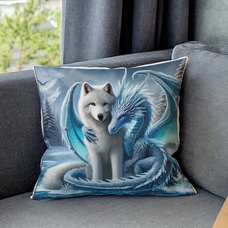 Wolf And Dragon Pillowcase Fantasy Art Design For Dreamy Home Decor Soft Cotton Cushion Cover With Magical Creatures Style