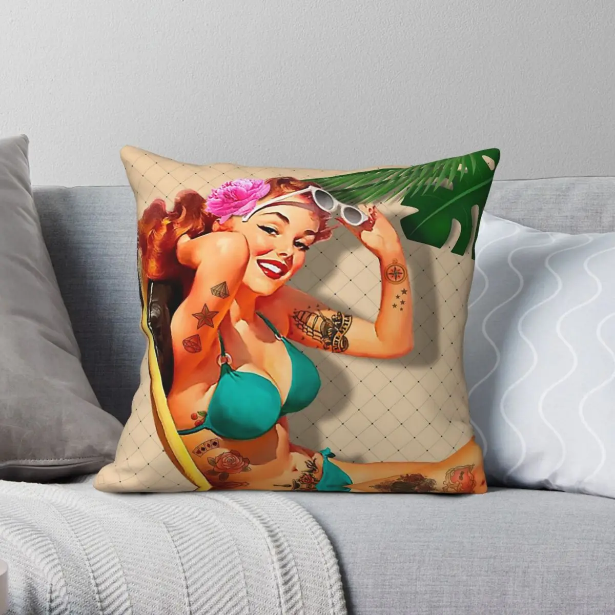 Beach Pin-ups Some Tattoos Square Pillowcase Polyester Linen Velvet Pattern Zip Decor Sofa Cushion Cover