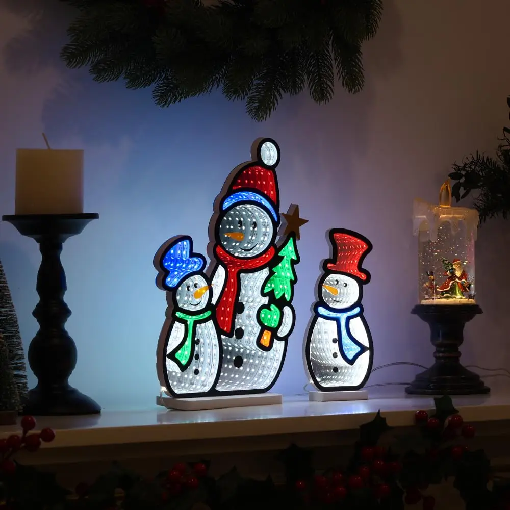 Christmas 2PCS Snowman 3D Infinity Mirror Tunnel Light Wall Decor for Christmas Party Bedroom Business Store Window Home