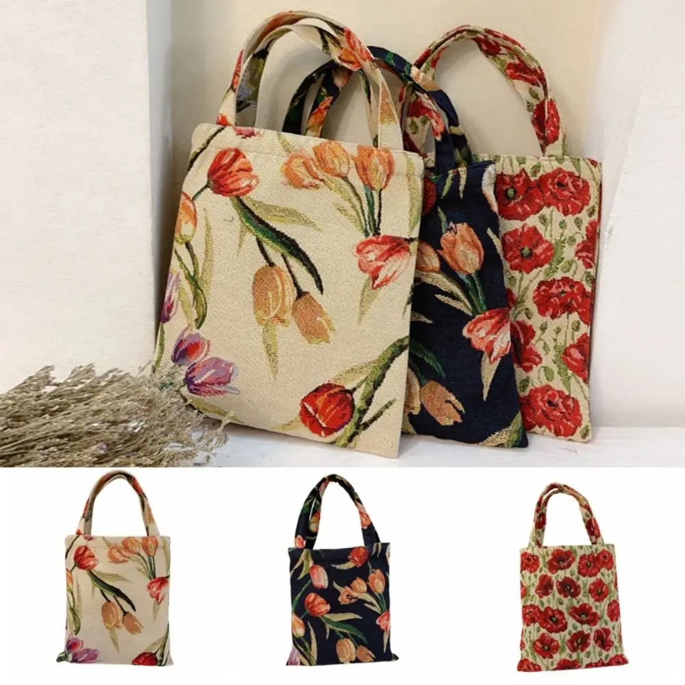 

Vintage Flower Clutch Purse Household Handle Vintage Shoulder Bags Portable Tulip Flower Printed Retro Flower Handbag