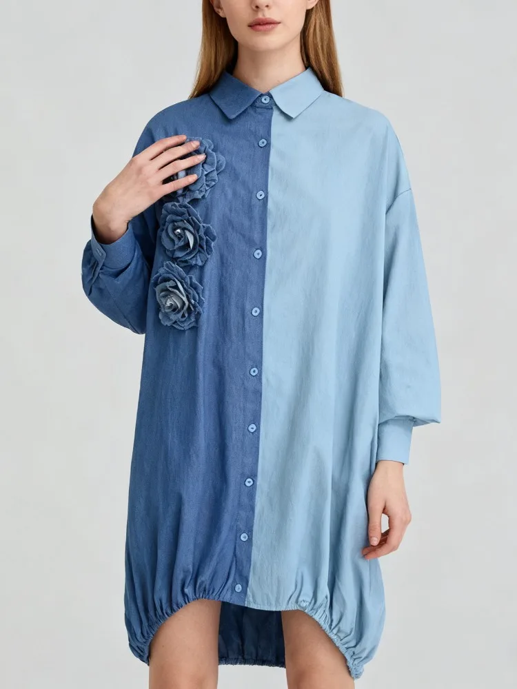 Gymystars Women Long Sleeve Loose Shirt Dress with 3D Flower Elegant Lapel Button Down Midi Dress for Casual Outing Office Wear