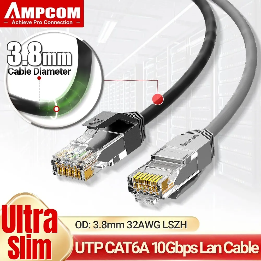 AMPCOM Ultra Slim Cat6a Network Cable, 3.8mm LSZH UTP RJ45 LAN Internet Network High Speed Cables Wire for Router Modem PC