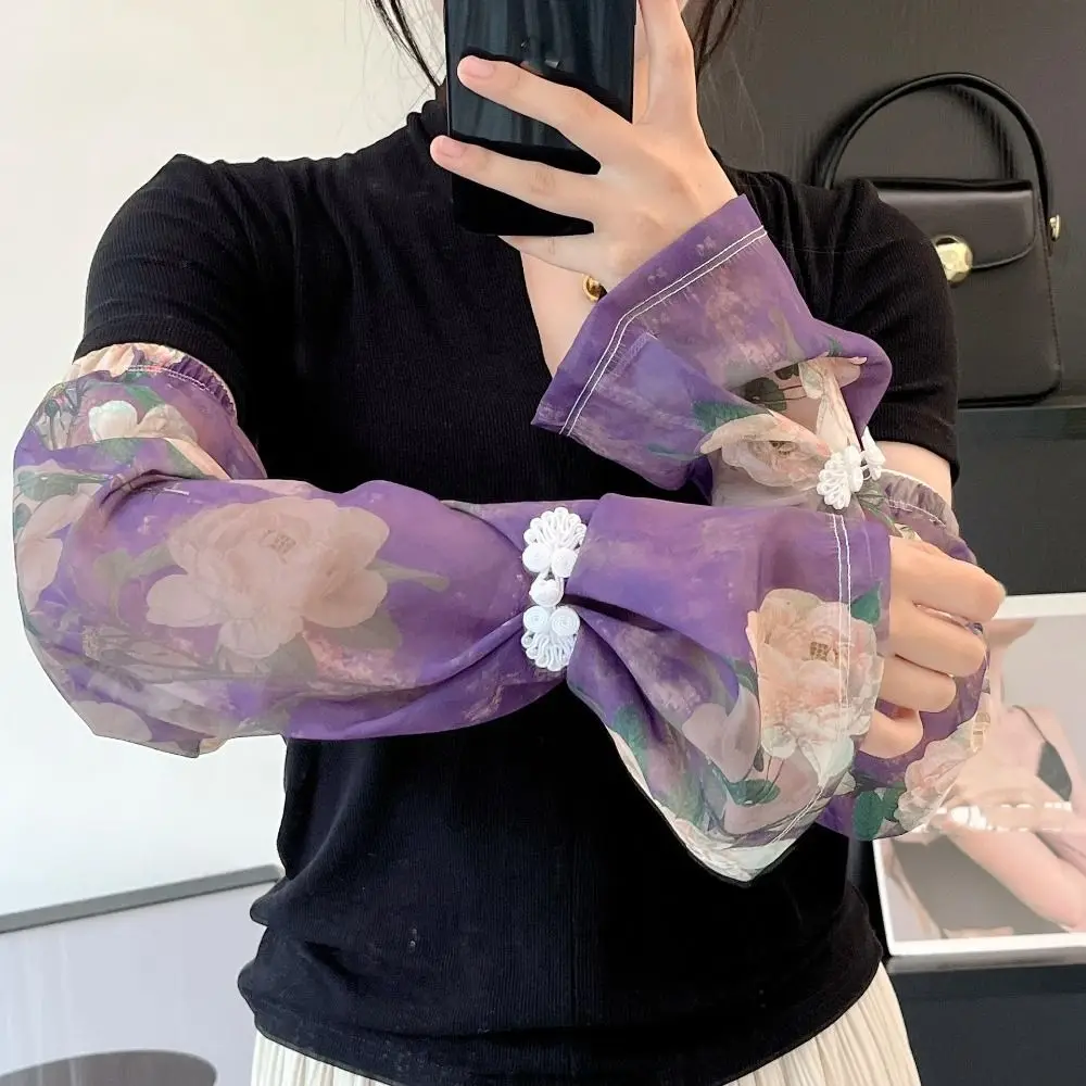 Chinese Style Buckle Printed Ice Silk Sleeves Anti-UV UV Insulation Chiffon Sunscreen Sleeve Flower Long-sleeved Glove