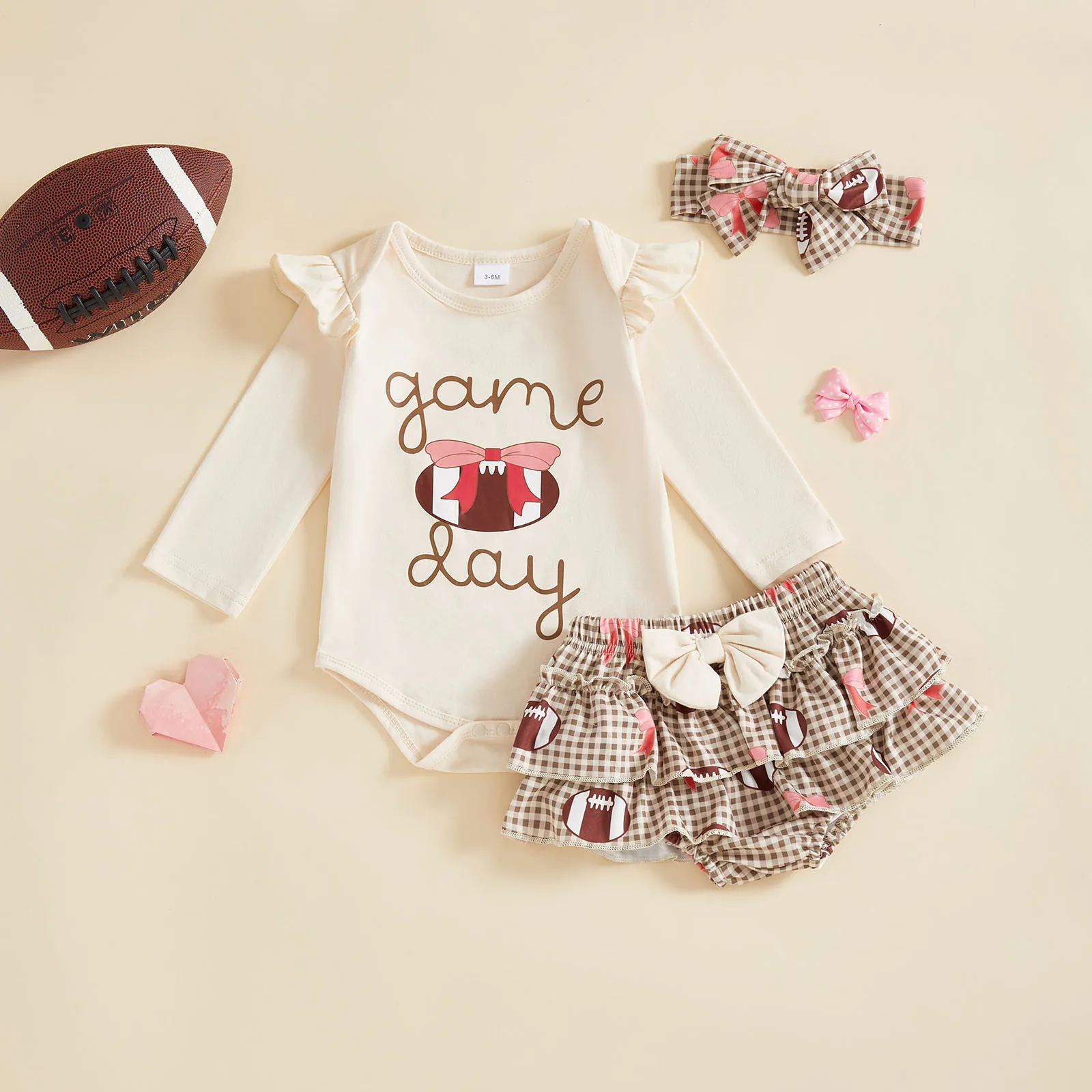 

Infant Baby Girl Fall Outfits Letter Print Long Sleeve Round Neck Romper Plaid Football Pattern Ruffled Shorts Bow Headband