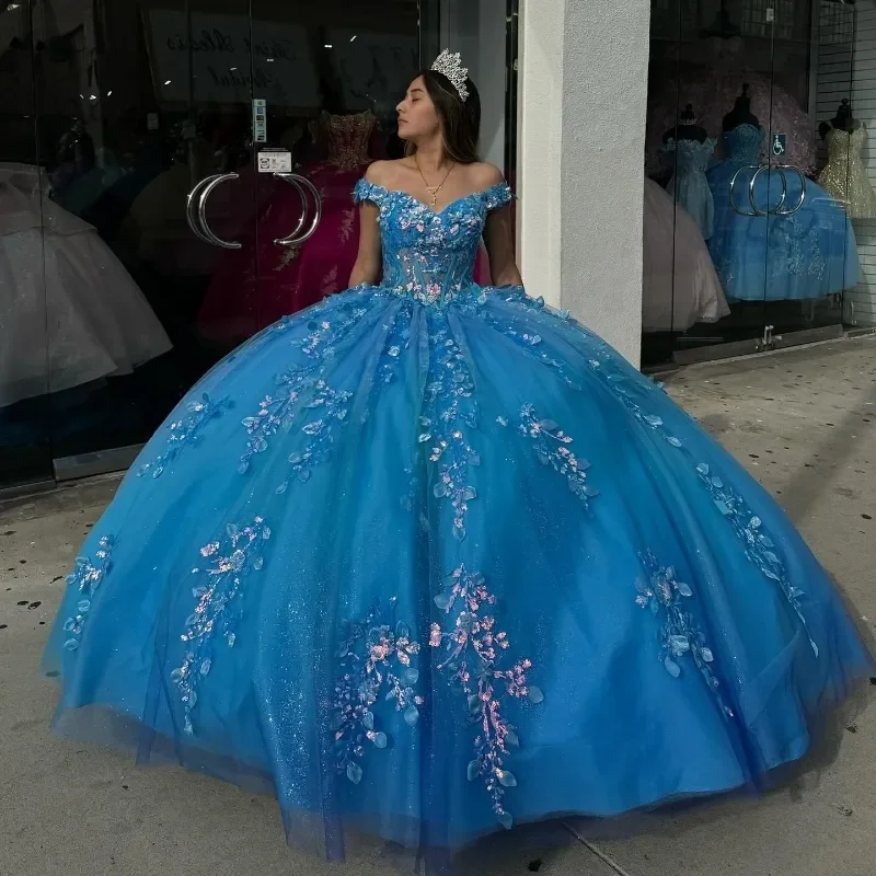 Blue Shiny Off The Shoulder Ball Gown Quinceanera Dresses For Girl Applique Lace Birthday Party   Sweet 16 Vestido De 15 Anos