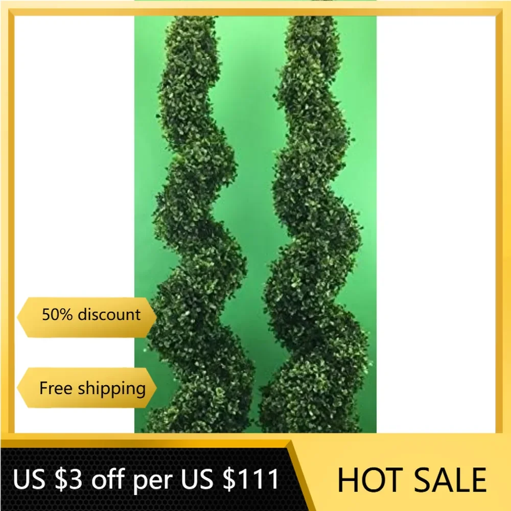 Two 4 Foot Outdoor Artificial Boxwood Spiral Topiary Trees UV Rated Plants