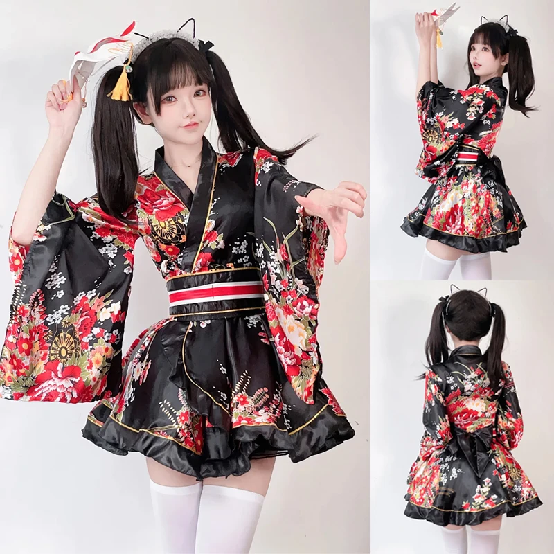 

6-цветное японское платье-кимоно для женщин, кавайные девушки, модифицированные халаты юката с цветочным принтом, костюм горничной на Хэллоуин, косплей, костюм Лолиты