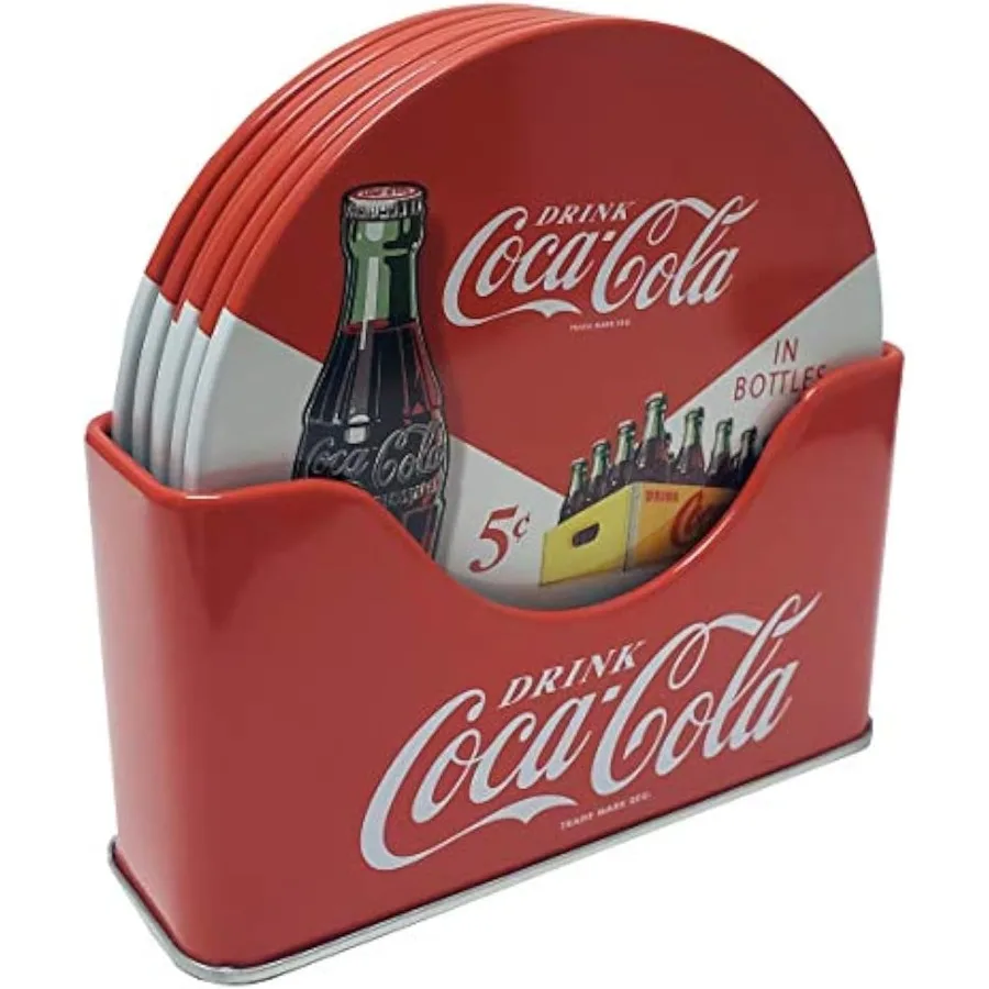 

Coke 6 pc Coaster Set with Standing Metal Holder Red