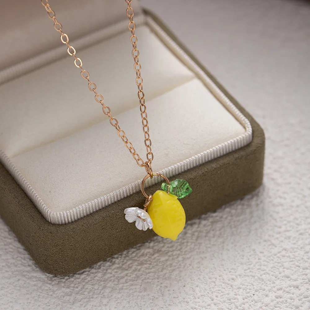 LATS Cute Yellow Fruit Lemon Little Flower Green Leaf Pendant Necklace for Women Fashion Earrings Jewelry Gifts