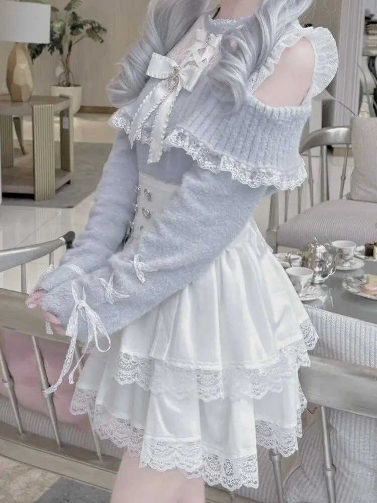 الشتاء اليابانية الحلو متماسكة 2 قطعة مجموعة المرأة القوس تصميم سترة + الدانتيل تنورة الرجعية الإناث شيك Kawaii موضة الجنية الملابس 2025 #2
