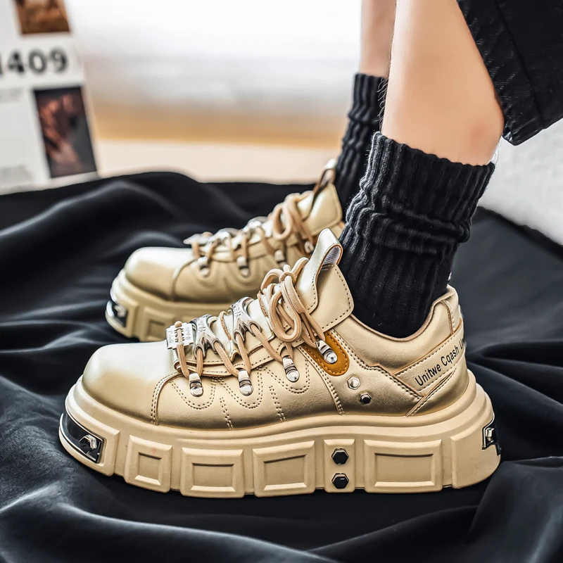 

Мужские низкие кеды однотонные, на прочной металлической подошве, в уличном стиле панк, увеличенный размер, новая модель, на шнуровке, повседневные спортивные туфли