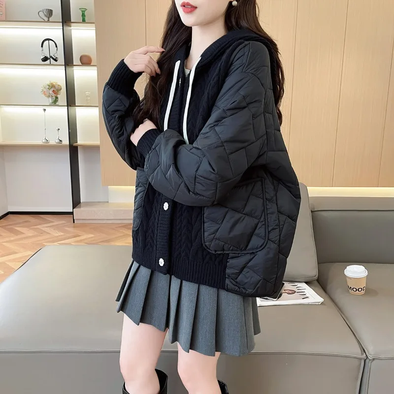 

2025 Autumn Winter Women's Knitted Spliced Cardigan Cotton-padded Coat Loose Short Outerwear Casual Lady Hooded Sweater Jackets