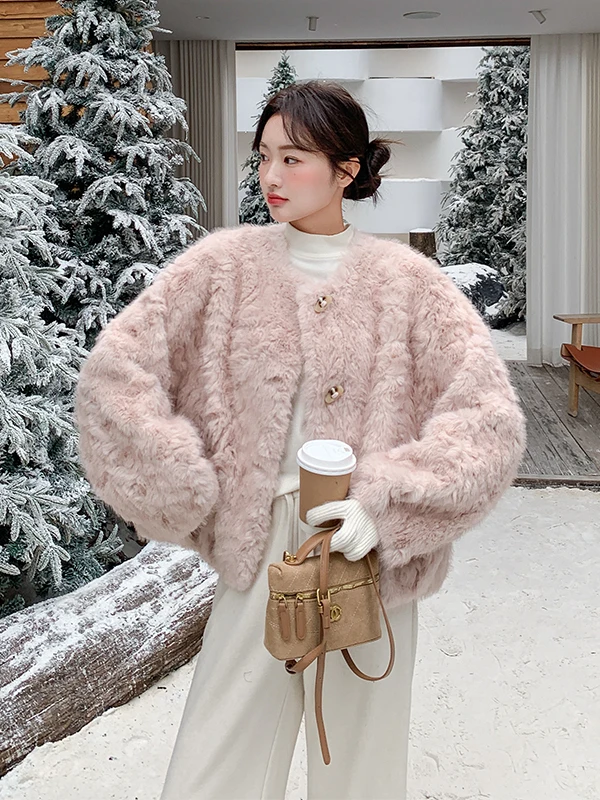 핑크 방수 양털 자켓 여성용 가을 겨울 따뜻한 캐주얼 루즈핏 롱 슬리브 라운드 넥 코트