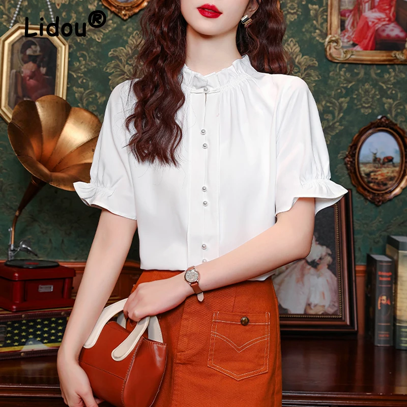 Womans Clothing Summer Korean Fashion Ruffled White Blouse Office Lady Elegant Chic Short Sleeve Shirts Casual Sweet Loose Tops