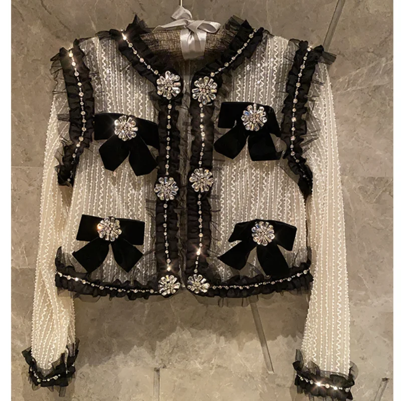 

Summer Beaded 3D Bow Lace Sticting Diamonds Short Bomber Jacket Sequined Cardigan Fairy Single-Breasted Coat Tops