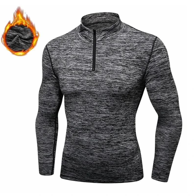 Winter Warm Fleece Half Zipper Sports Shirts Men Gym Fitness Tights Quickly Dry Men's Running T-shirt Train Exercise Sportswear